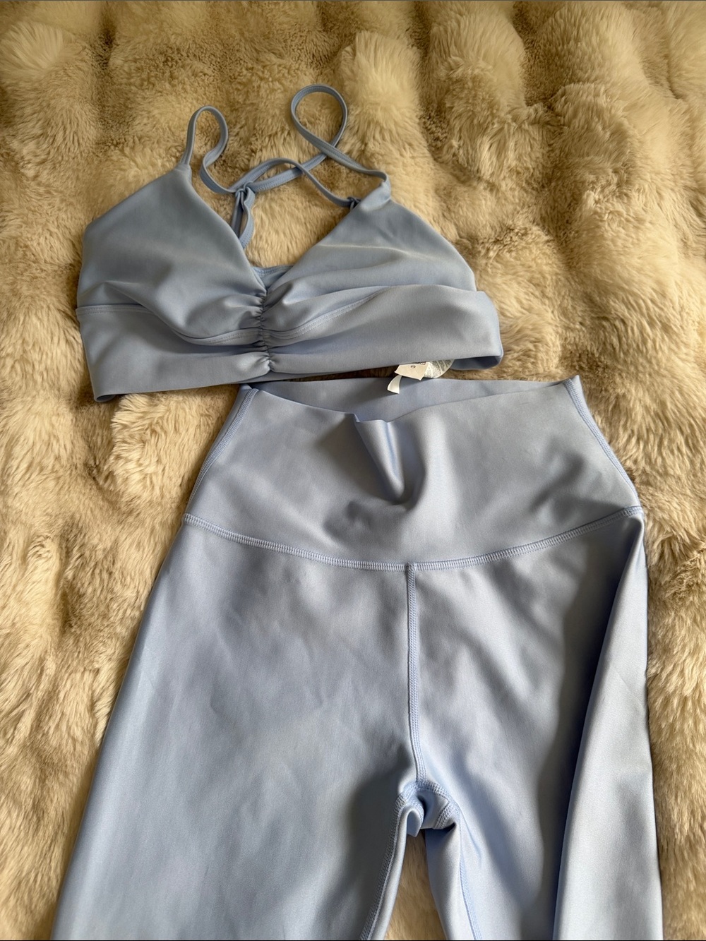 ALO Yoga Pale Blue Ruched Sports Bra & High-Waist Leggings